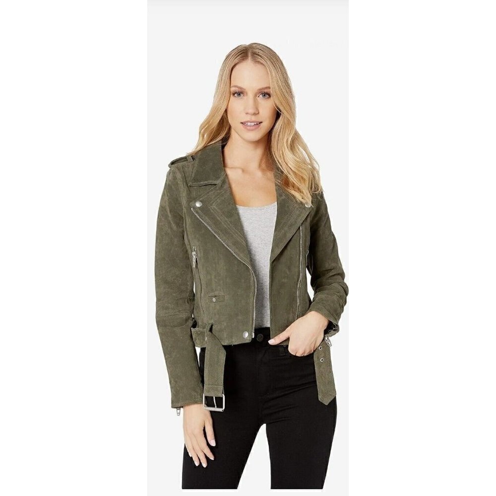 New Blank NYC Suede Moto Jacket Womens XS Herb Olive Green Leather Blank NYC
